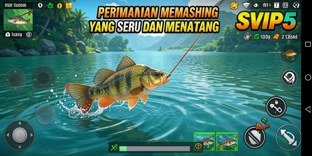 Screenshot permainan SVIP5 menunjukkan pemain menangkap ikan besar di laut.